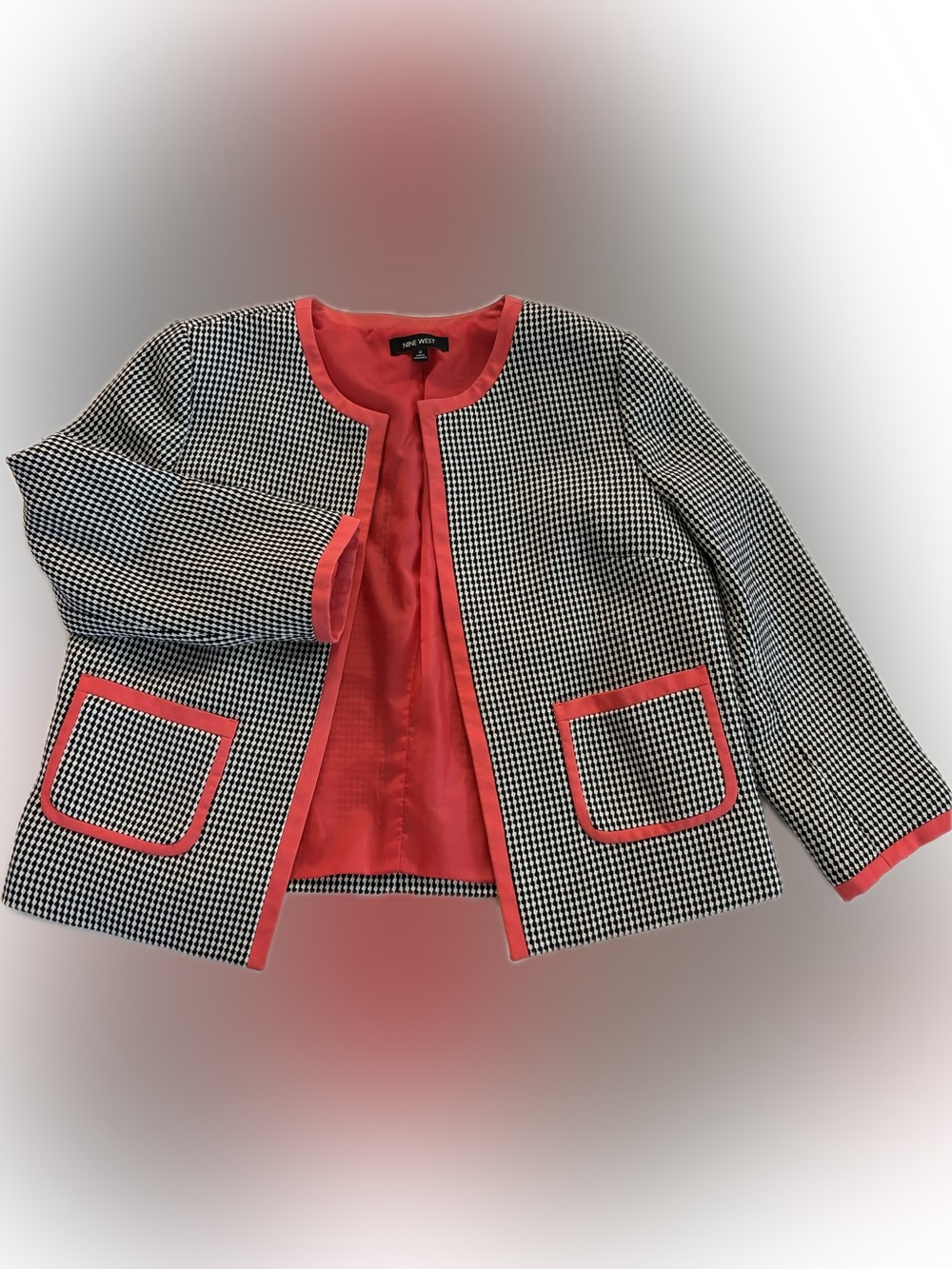 Nine West Black & White Houndstooth Jacket with Coral Trim